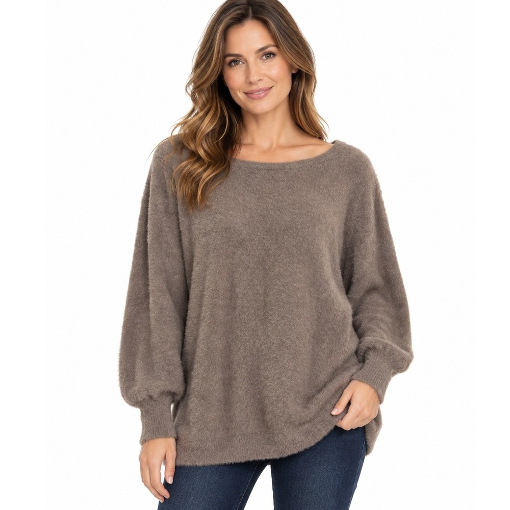 Chicos Brown Fuzzy Eyelash Knit Sweater Large Scoop Neck Long Sleeve | Large (2)